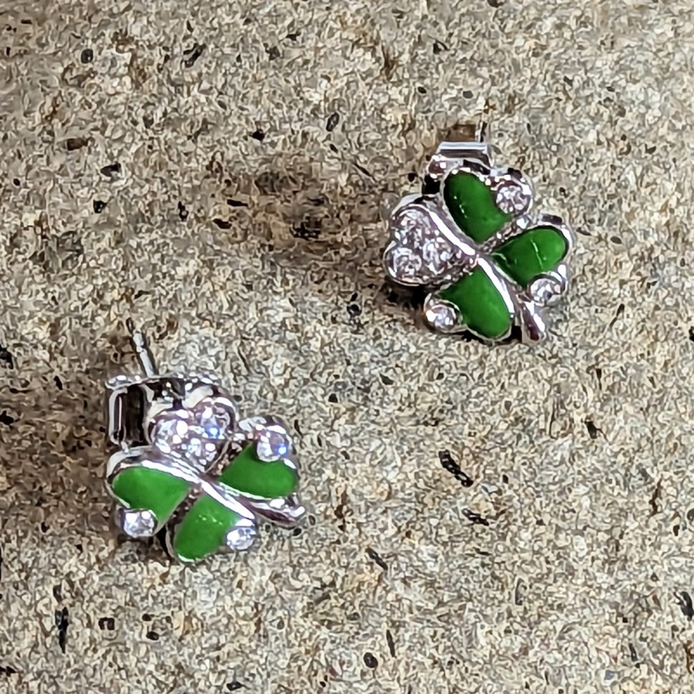 FOUR LEAF CLOVER Green Sparkle Post Earrings Irish Bling Shamrocks Lucky St. Pat